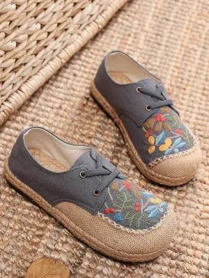 Track Flat Shoes Women Summer Vintage Flower Embroidery Linen Cloth Shoes AT1068