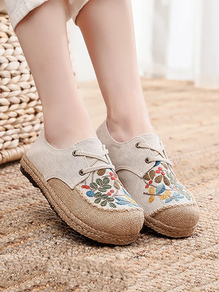 Flat Sole Shoes Formal Women Summer Vintage Flower Embroidery Linen Cloth Shoes AT1068