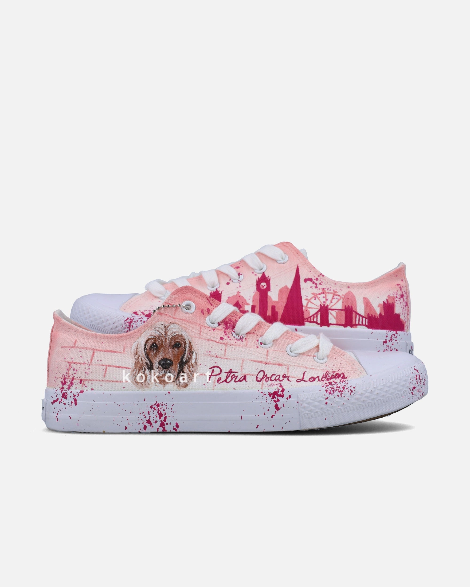 Fabric Shoe Spray London Skyline and Customisable Pet Portrait Hand Painted Shoes