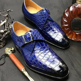 Tailor Made Handmade Crocodile Print Blue Leather Monk Strap Men's Shoes Best Non Slip Winter Boots