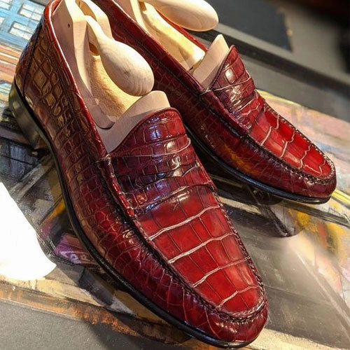 Used Cowboy Boots Tailor Made Handmade Crocodile Print Red Leather Moccasin Loafers Formal Dress Men's Shoes