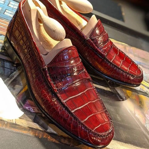Bling Bling Cowboy Boots Tailor Made Handmade Crocodile Print Red Leather Moccasin Loafers Formal Dress Men's Shoes