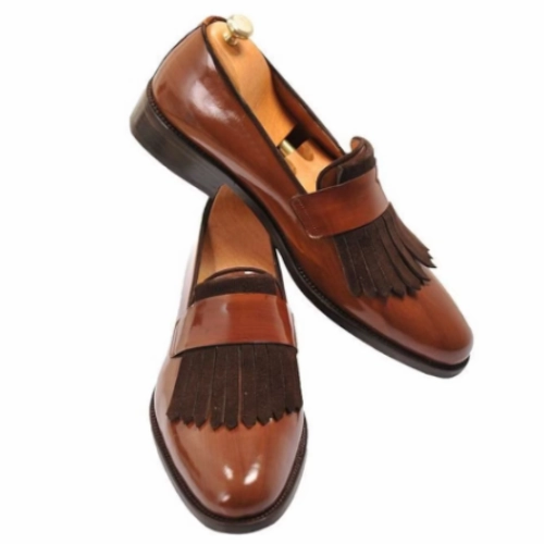 Tailor Made Handmade Tan Leather With Brown Suede Kiltie Fringe Slip On Loafer Moccasin Men's Shoes Boots Barn