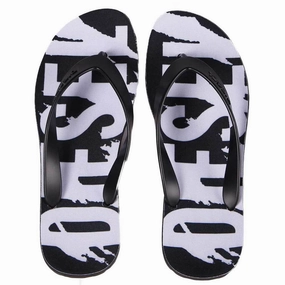 Diesel Splish Flip Flops Sandals - Black / White Leather Square Toe Flip Flops