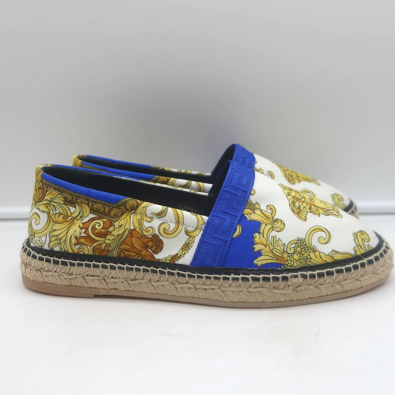 Slingback Espadrille Wedges Versace Medusa Renaissance Espadrilles Cream/Blue Canvas Size 41 NEW
