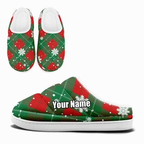 Festive Christmas Plaid & Snowflake Padded Slippers, Cozy Green & Red Tartan House Shoes FN057-25018046 Sliver Slippers