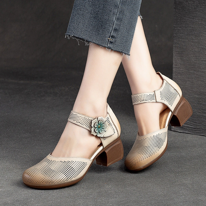 Women Summer Retro Velcro Leather Chunky Pumps Rally Ltw Casual Shoes