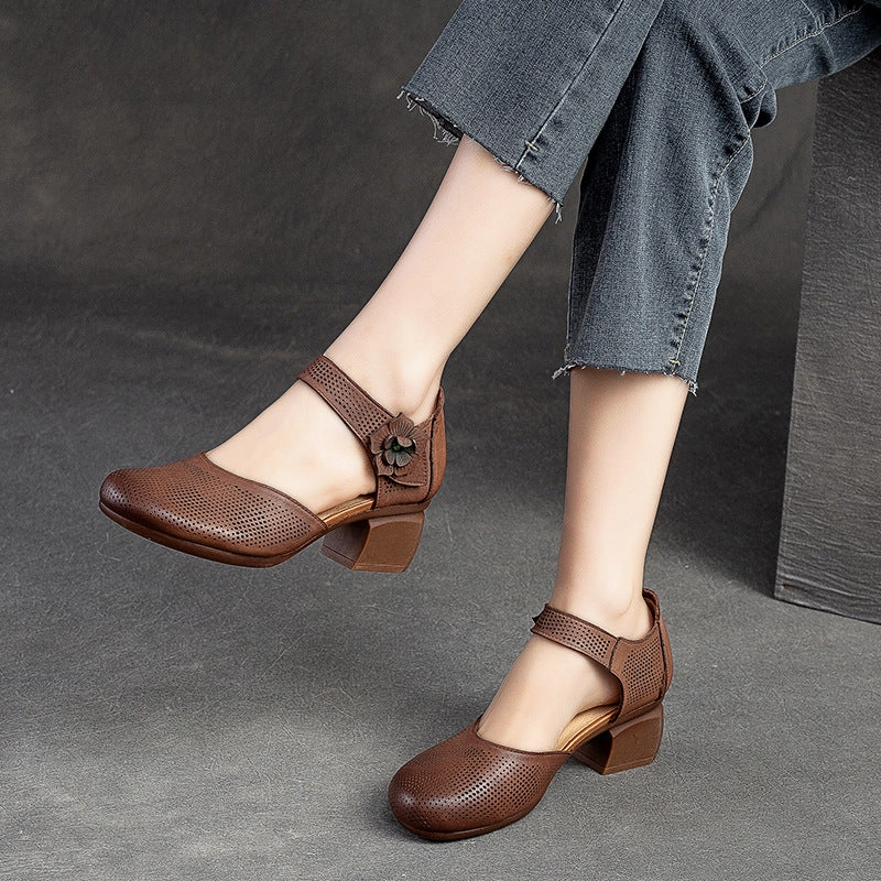 Women Summer Retro Velcro Leather Chunky Pumps Java Casual Waterproof Shoe