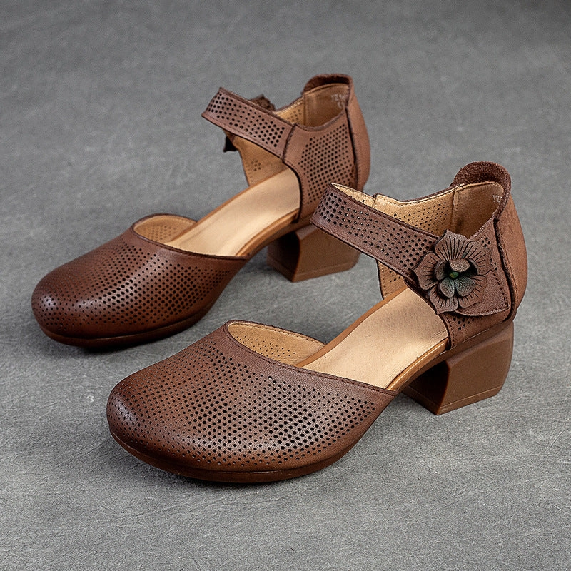 Casual Shoes No Socks Women Summer Retro Velcro Leather Chunky Pumps