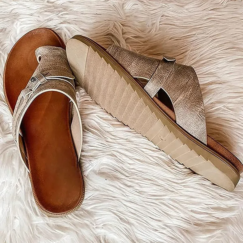 Best Shoes For Flat Pedals Women's Flat Comfy Non-Slip PU Leather Footbed Sandals