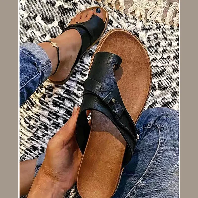 Jeans And Flat Shoes Outfit Women's Flat Comfy Non-Slip PU Leather Footbed Sandals