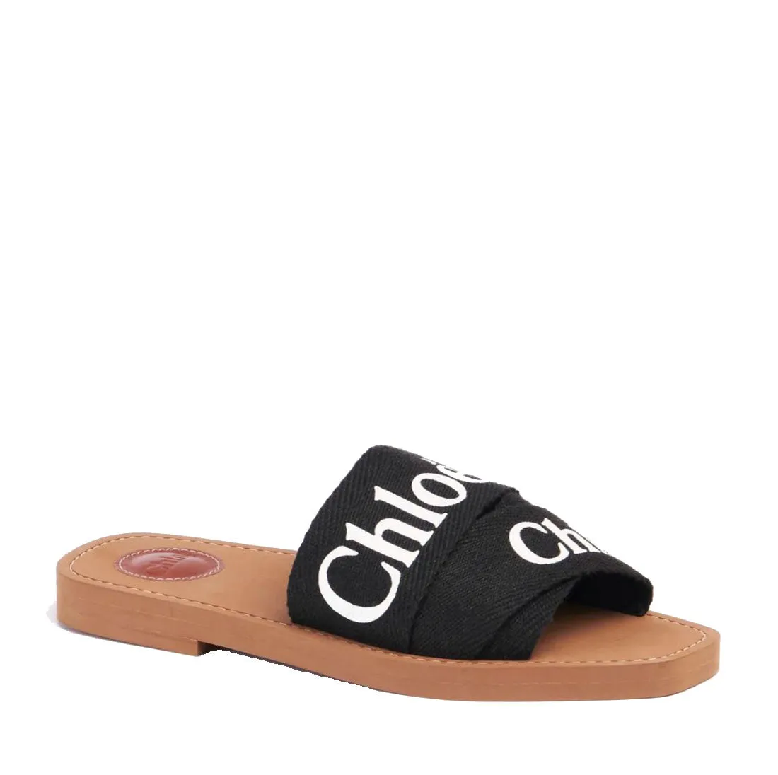 Woody Logo Slide Linen, Black Flat Shoes Staccato