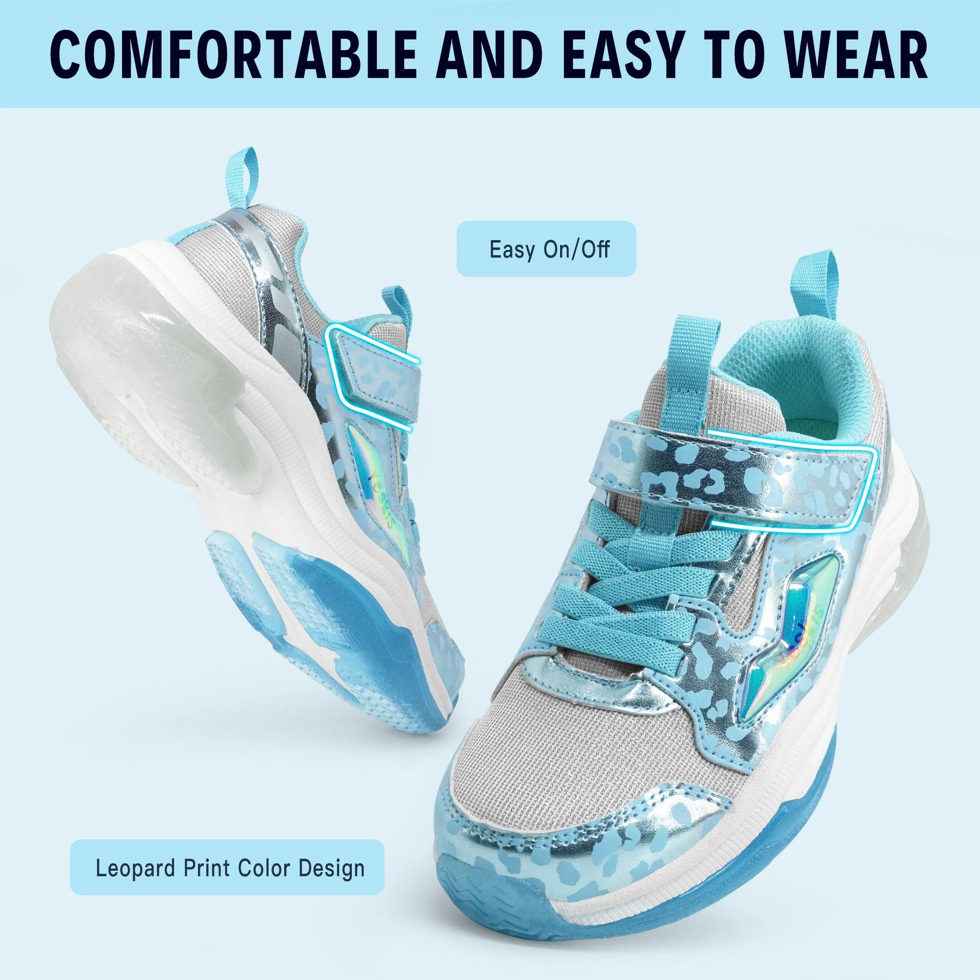 Vegan Leather Sneakers YESKIS FutuVibe Light Up Girls Sneakers for Kids Ice Blue/Silver