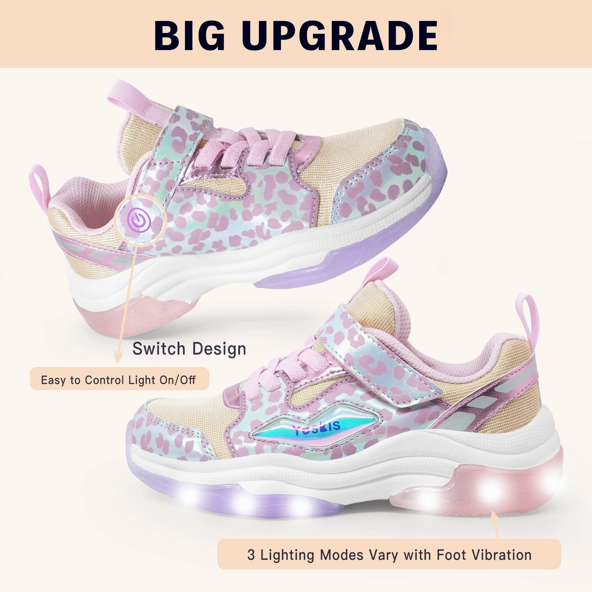 YESKIS FutuVibe Light Up Girls Sneakers for Kids Pink/Silver Fresh Foam Sport V1 Running Shoe
