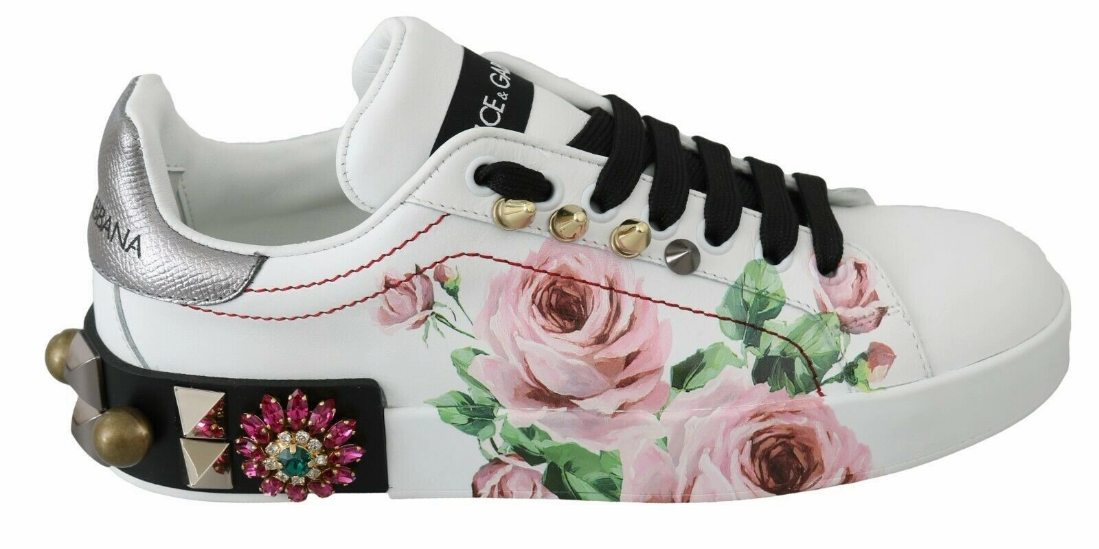 White Leather Crystal Roses Floral Sneakers Shoes Sneakers Prada